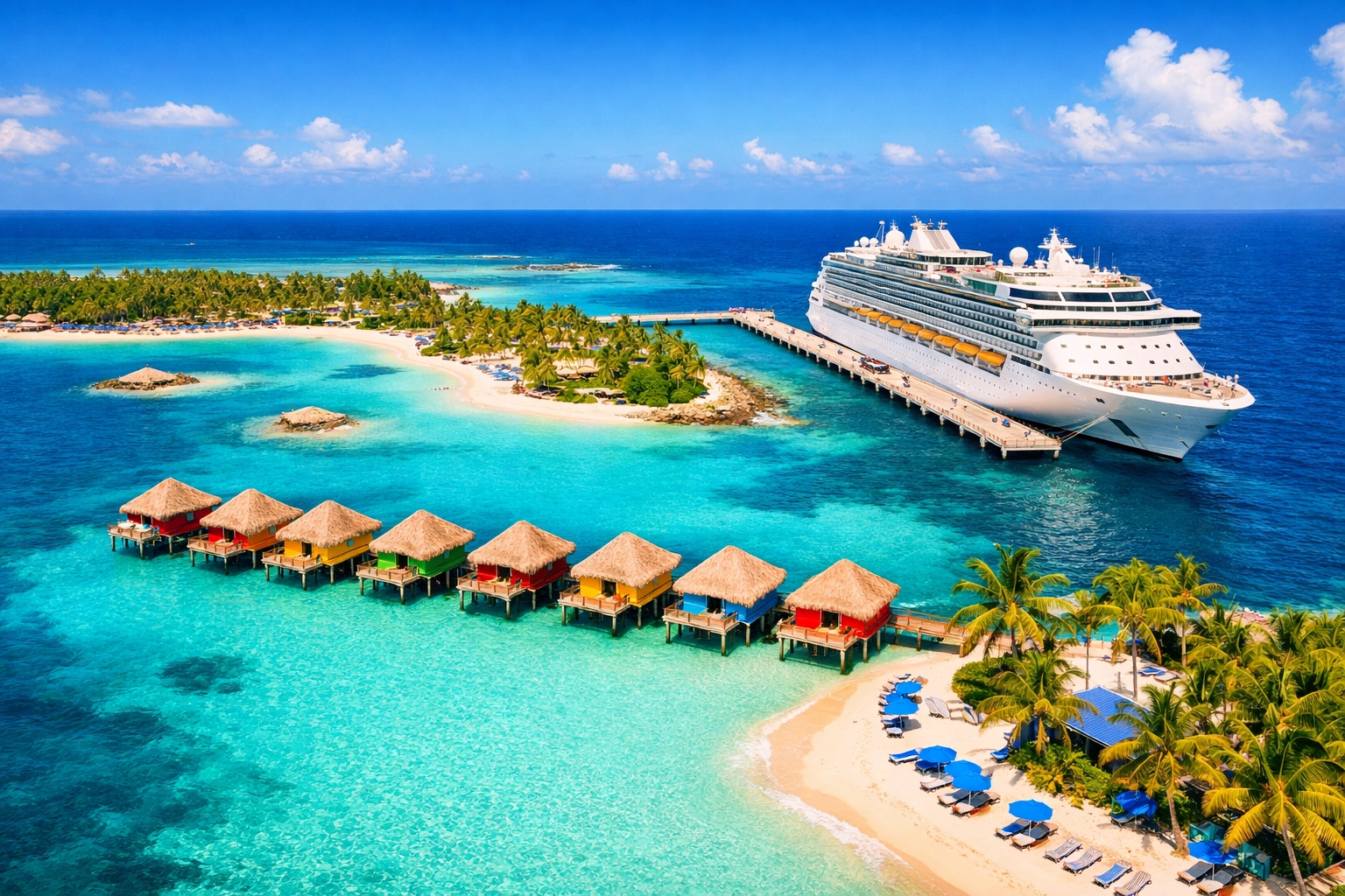 Aerial view of a private tropical island and cruise ship, perfect for a group cruise birthday trip.