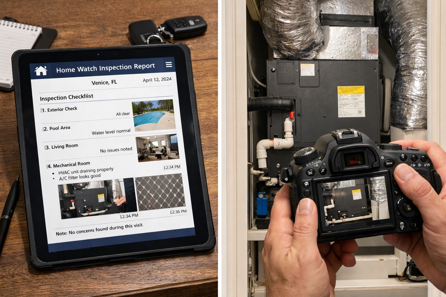 Photorealistic inspection documentation with timestamped photos on a tablet during a luxury home check in Venice, Florida