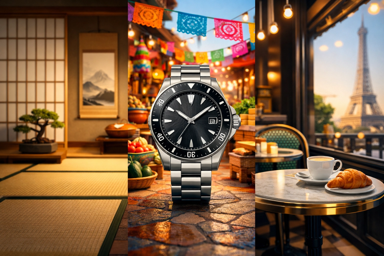 A luxury watch displayed in different cultural settings to illustrate ad localization strategy.