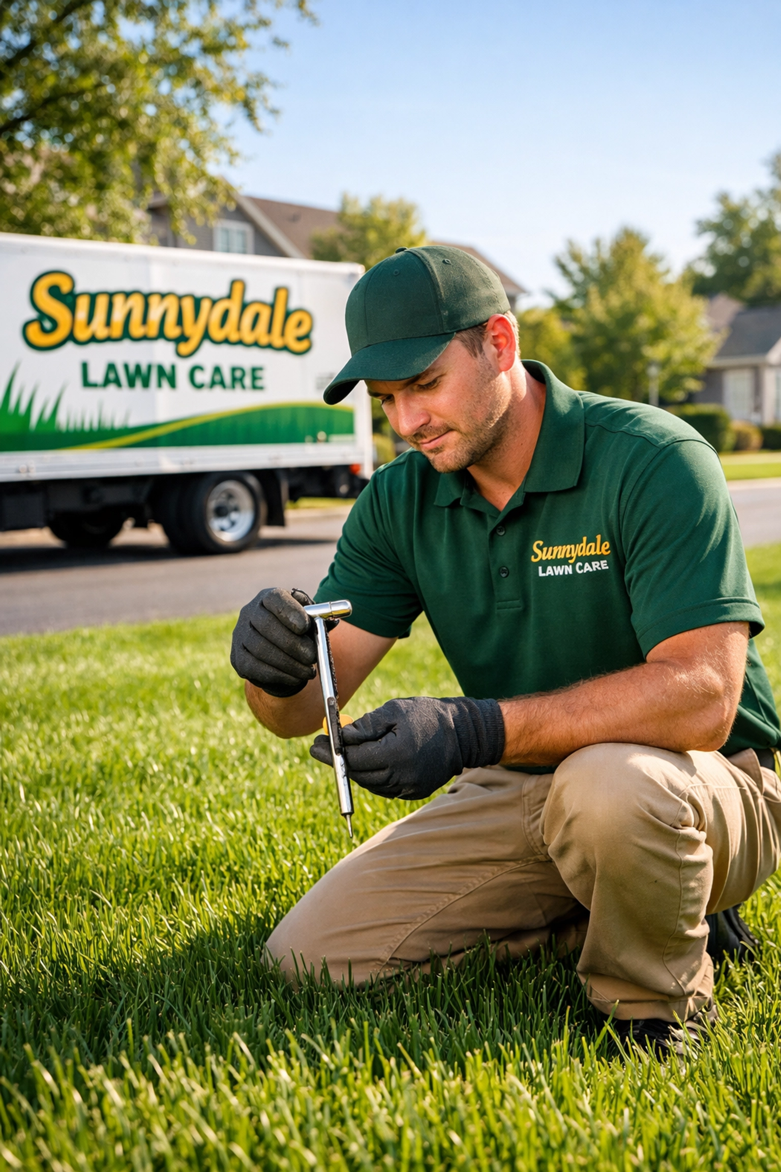 Sunnydale Lawn Care technician inspecting soil health on a green lawn near a professional service truck.