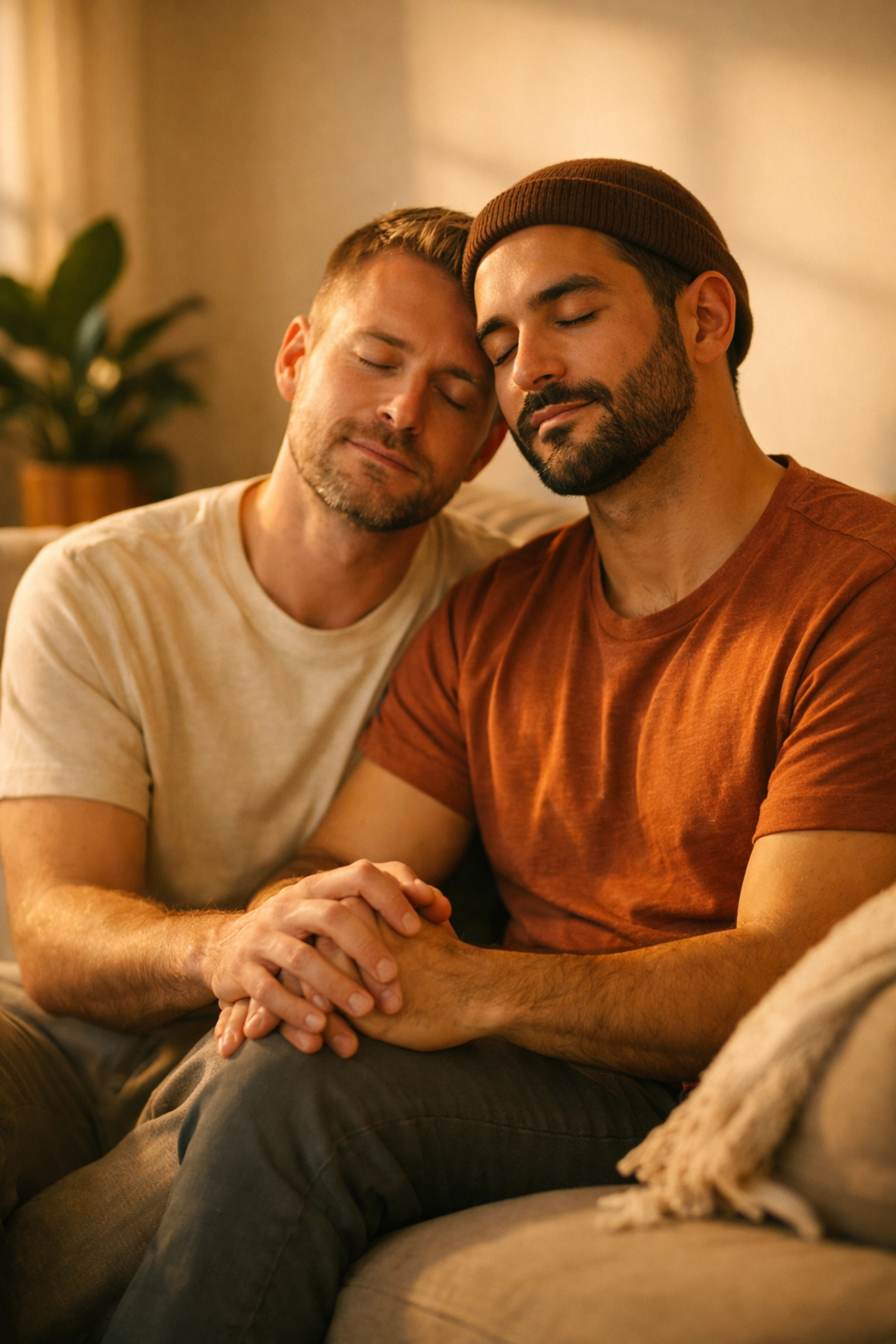 A gay couple practicing mindful breathing and deep connection on a living room sofa.
