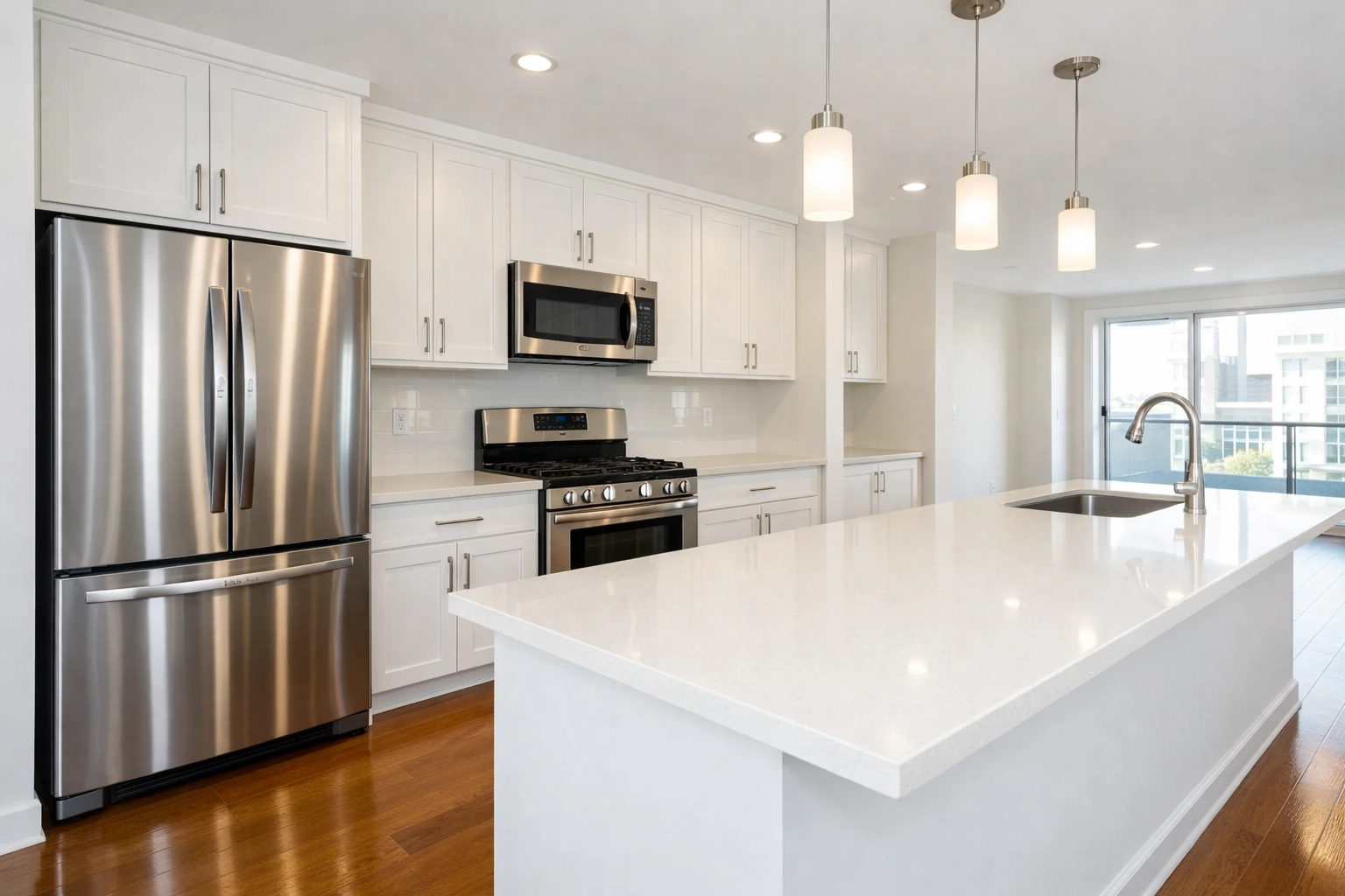 Professionally cleaned apartment kitchen with sparkling surfaces ready for new tenant move-in.