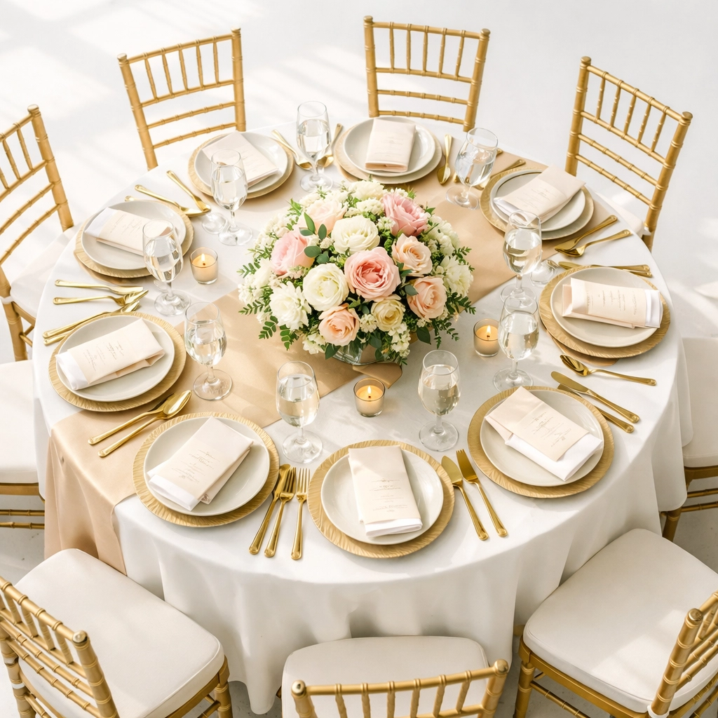Elegant Chiavari chairs and formal table setting with linens for charity gala dinner