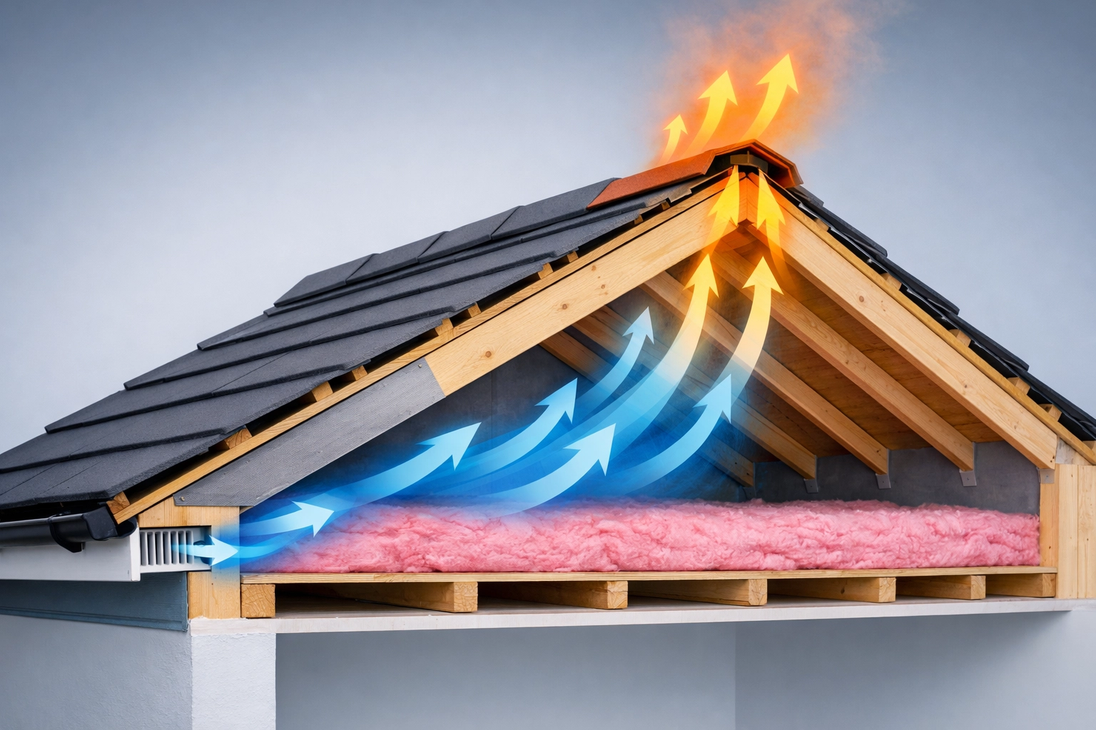 Roof ventilation system showing airflow from soffit vents to ridge vents