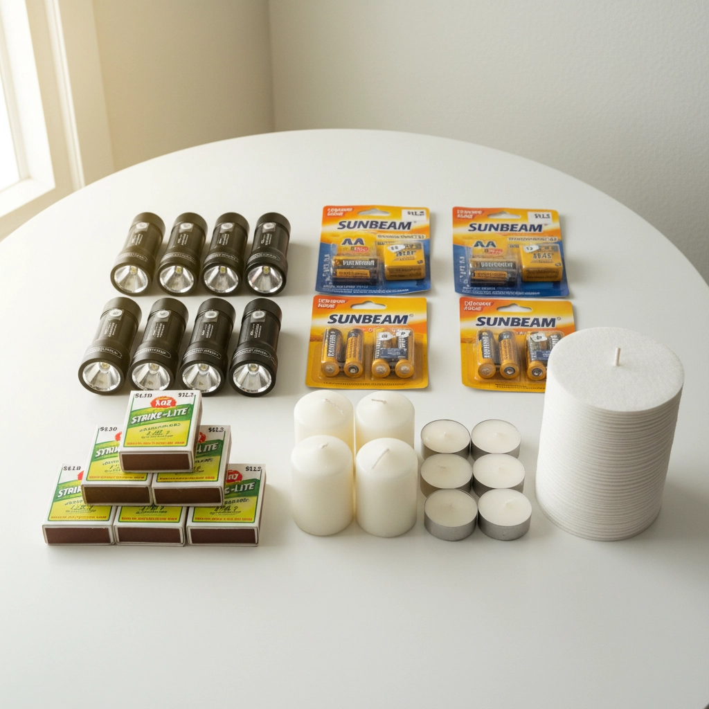 A group of basic prepping items: some flashlights, some batteries, matches and candles