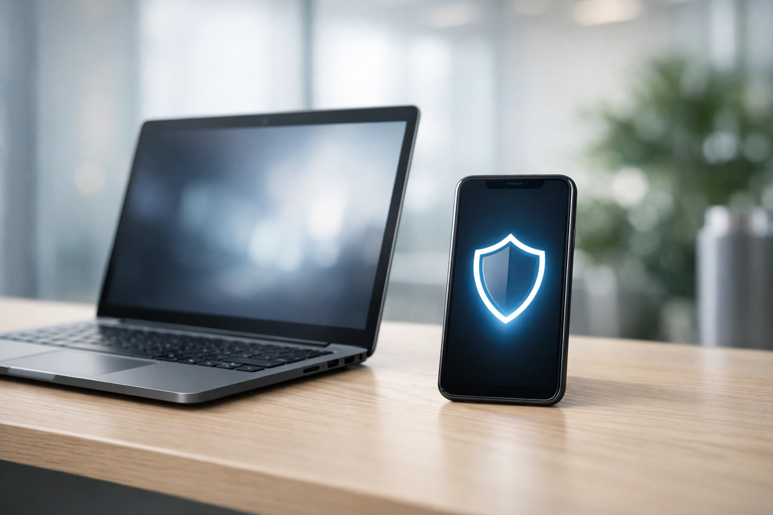 Secure laptop and smartphone on a desk representing data encryption and protection for Michigan small businesses.