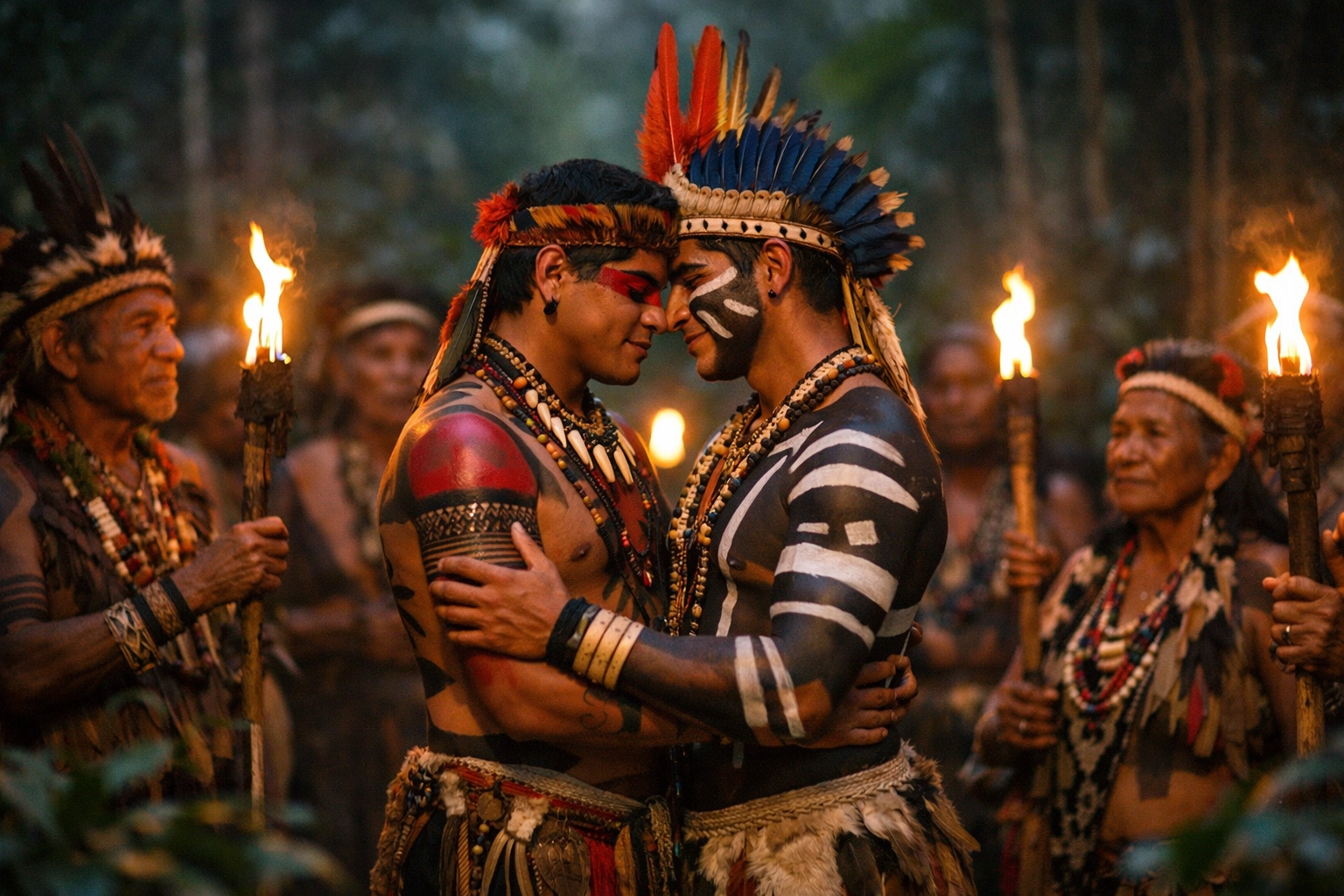 Indigenous Amazon ceremony honoring same-sex couple in traditional dress with community elders