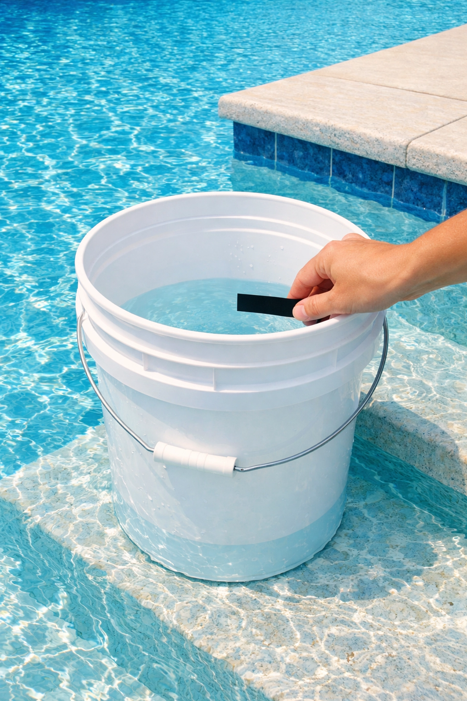 Conducting a pool bucket test to determine if water loss is from evaporation or a leak.