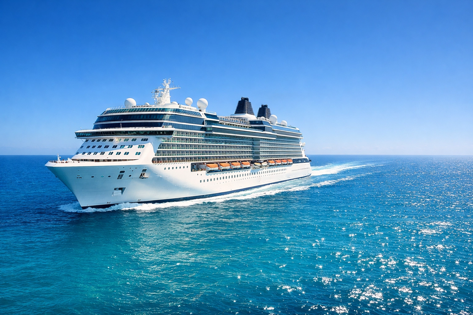 A large white Carnival cruise ship sailing on a calm turquoise ocean under a clear blue sky.
