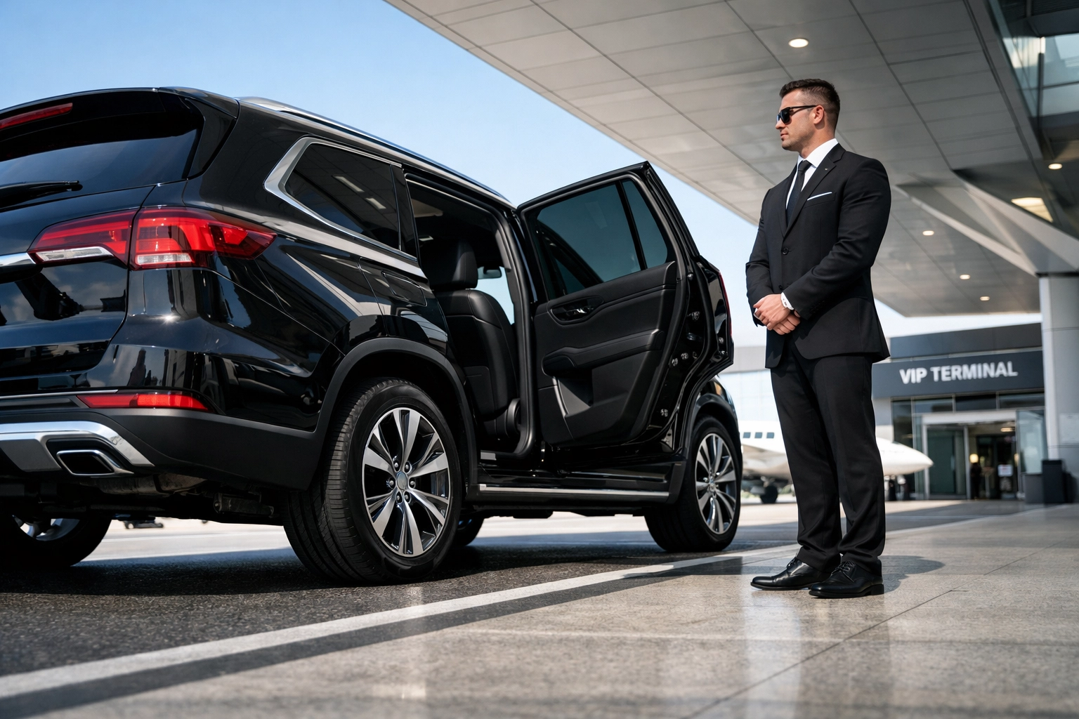 Professional chauffeur service and luxury SUV providing secure transport for corporate VIP guests.