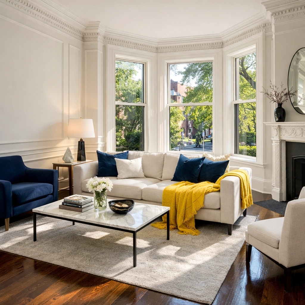 Pristine living room in a historic Harvard Square brownstone after professional deep cleaning Cambridge MA.