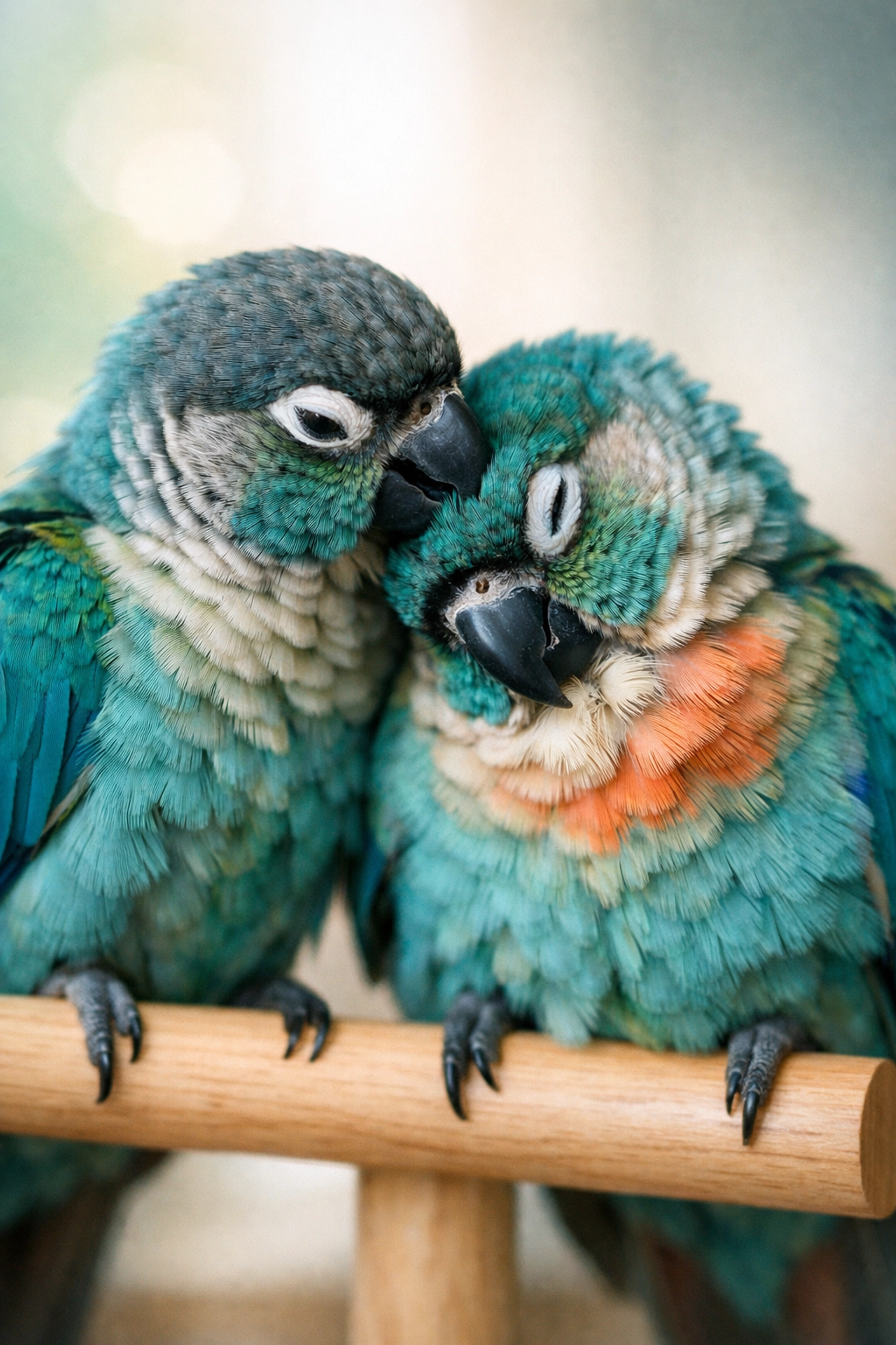 Male Conure parrots preening each other, reflecting the emotional dependency found in MM romance books.