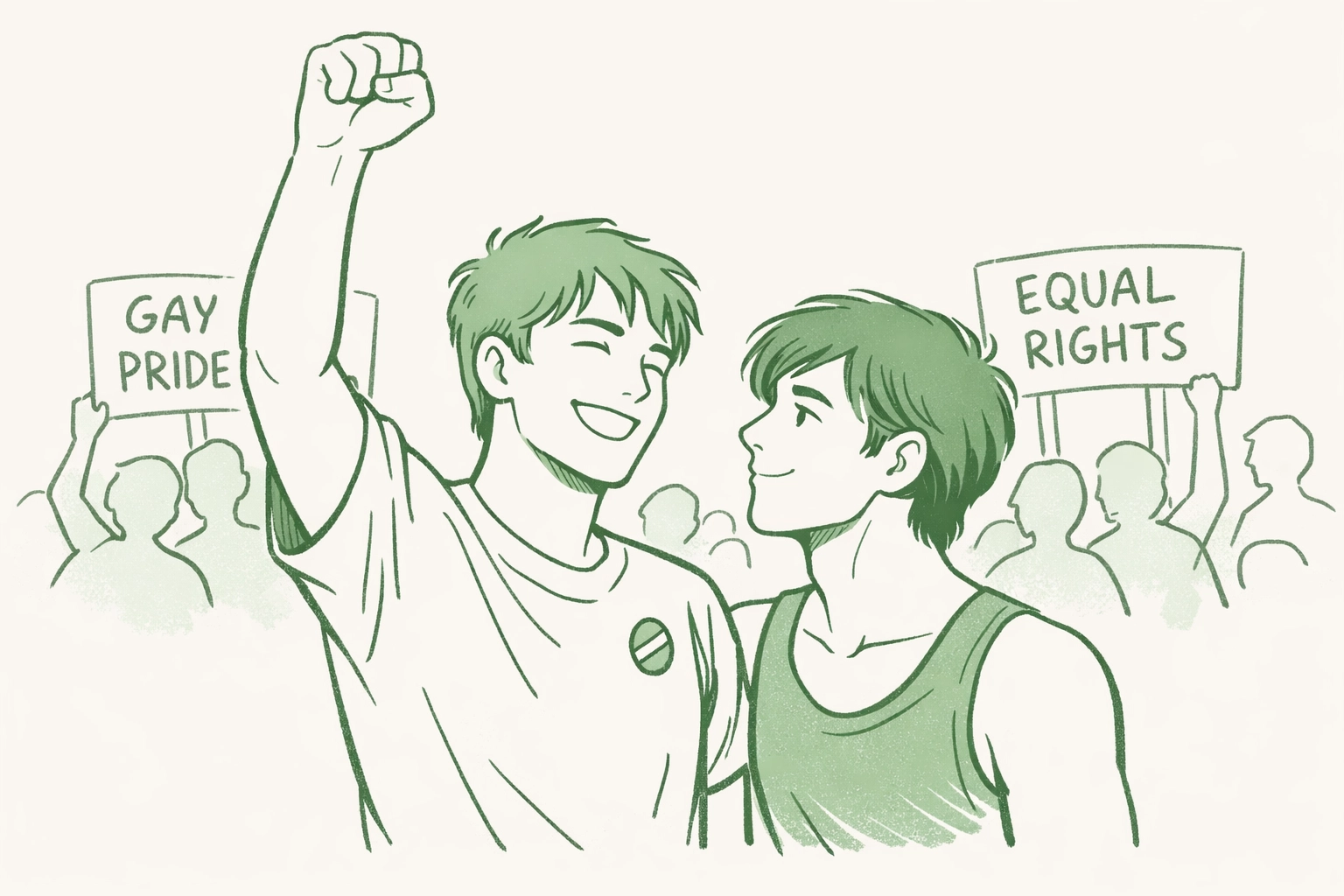 Two men at 1980s gay pride rally showing love and activism during historical LGBTQ+ movement