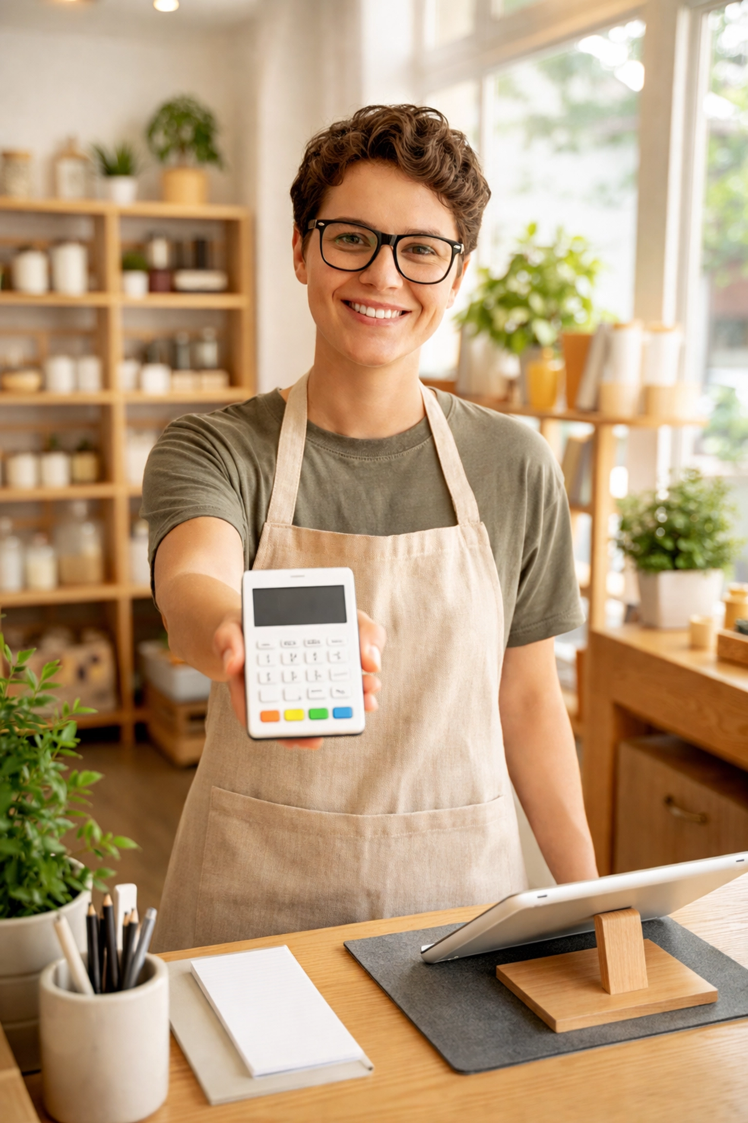 Small business owner using a SumUp POS card reader at a boutique shop counter for easy payments