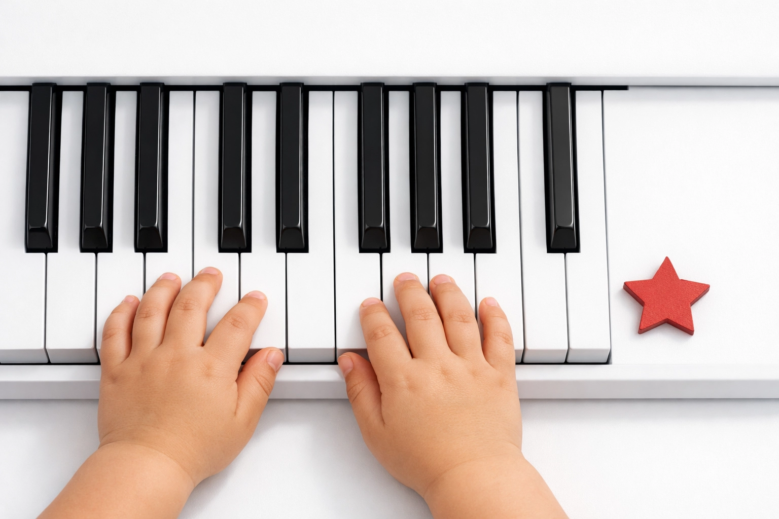 Close-up of child's hands on a keyboard with a reward star for successful piano lessons for kids.