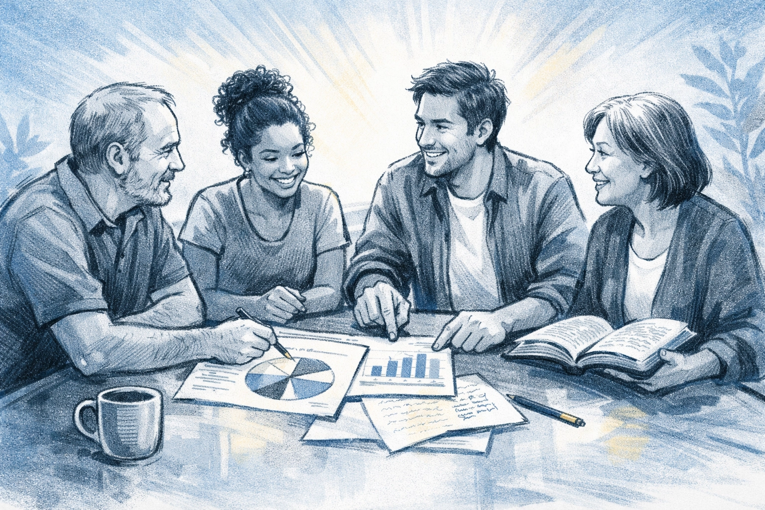 Group studying spiritual gifts assessment results together at table