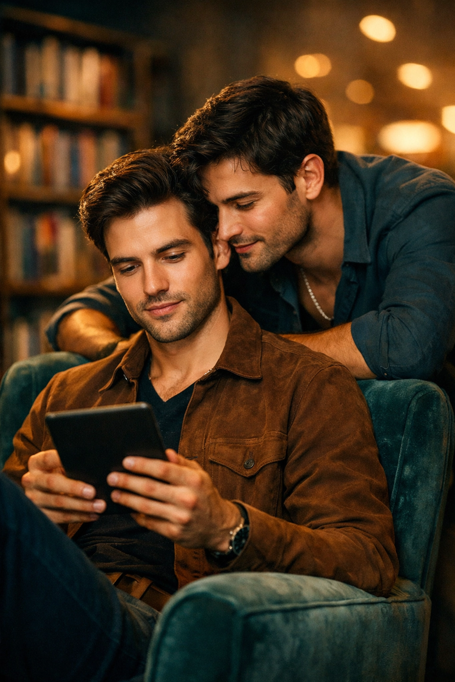 Two men share an intimate moment in a library, capturing the slow burn tension of popular MM romance novels.