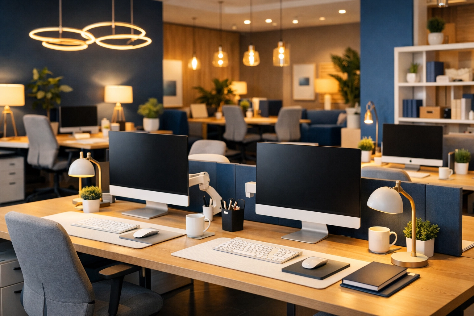 Dust-free and organized open-plan office in Barre, MA, optimized for productivity through professional cleaning.