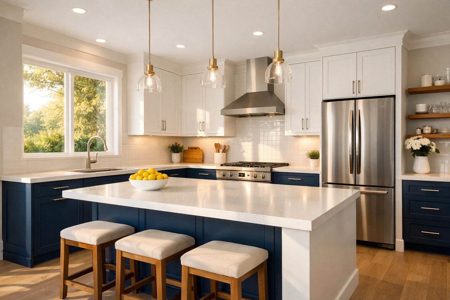A sparkling clean luxury kitchen with navy cabinets and white quartz countertops, demonstrating home hygiene.