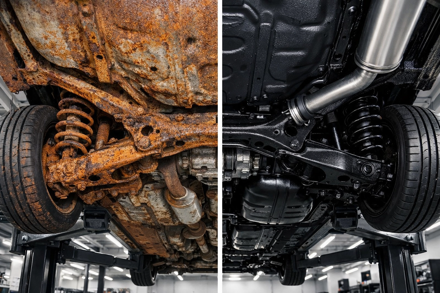 Comparison of a rusted vehicle chassis versus a professionally rustproofed underbody with protective coating.