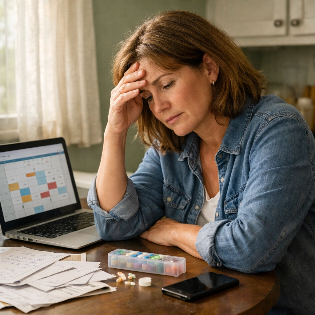 Family caregiver managing senior care responsibilities and coordination