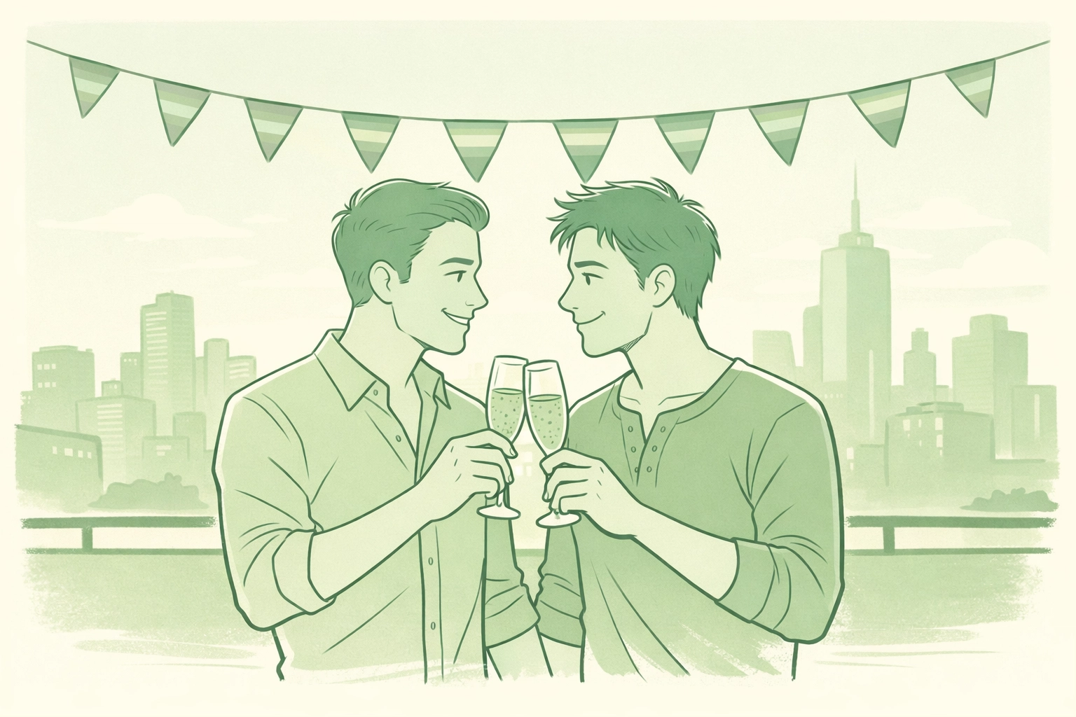 Modern MM couple shares champagne toast at Pride celebration with city skyline