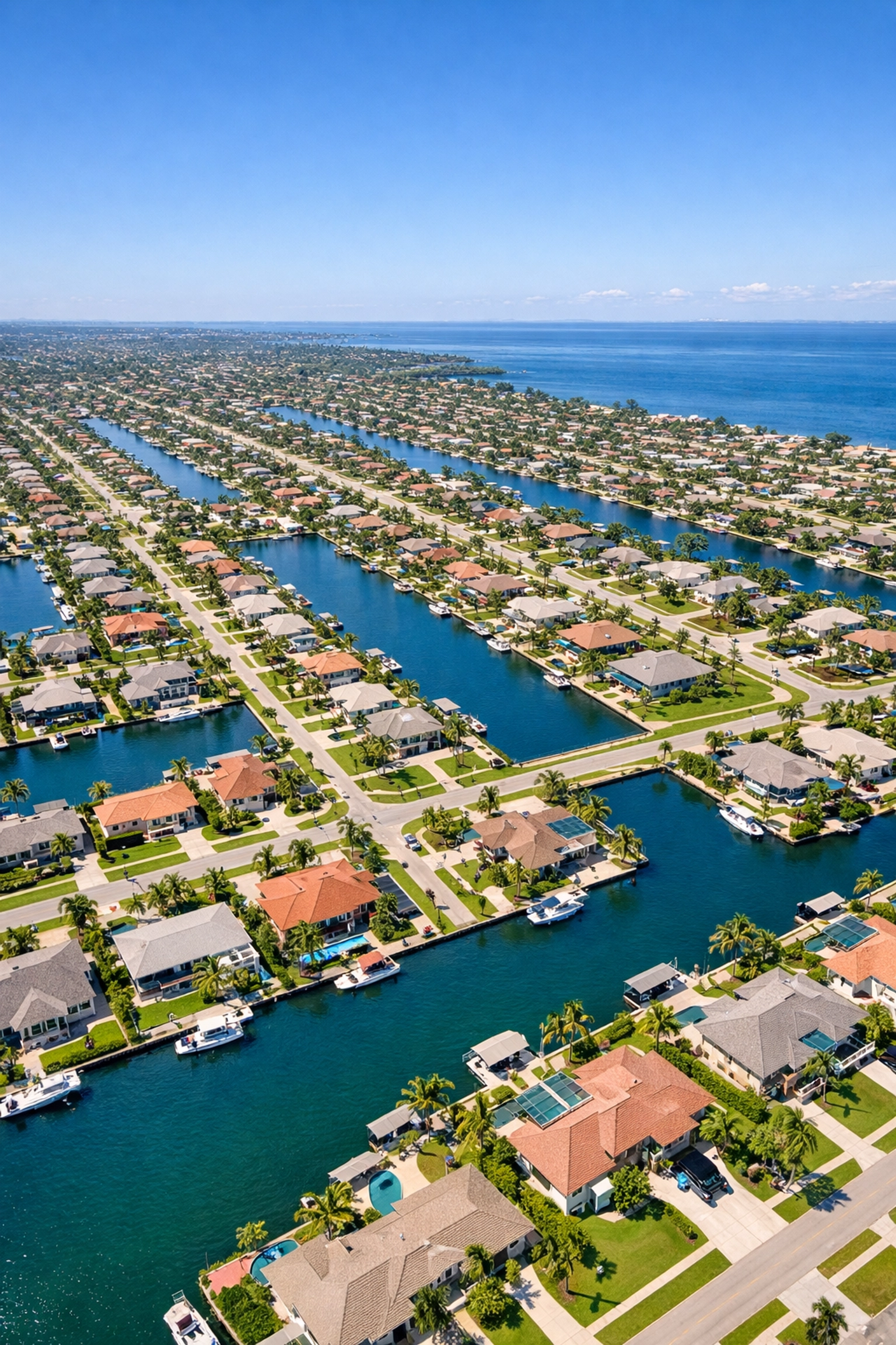 Aerial view of the extensive canal system and waterfront neighborhoods across Cape Coral quadrants.