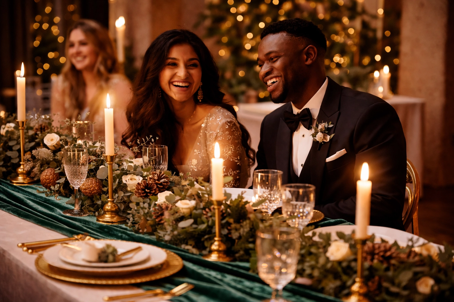 Emerald velvet tablescape with gold accents and diverse guests laughing at an intimate winter wedding reception