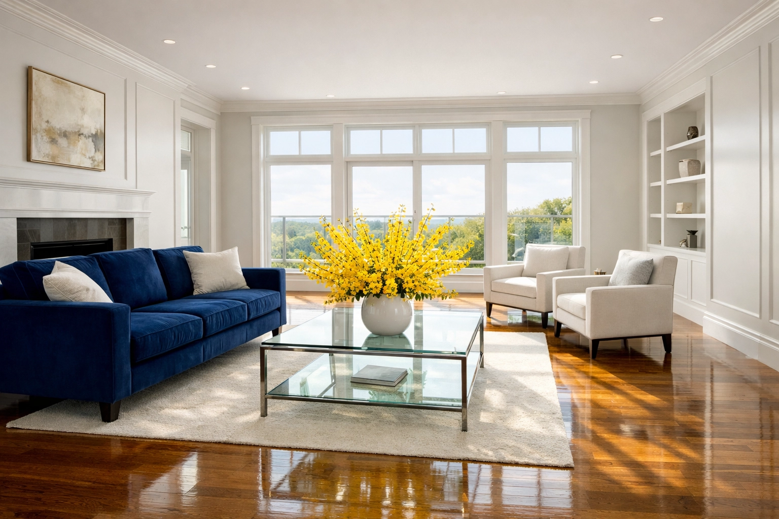 Immaculate living room with polished hardwood floors following a professional bi-weekly deep cleaning.