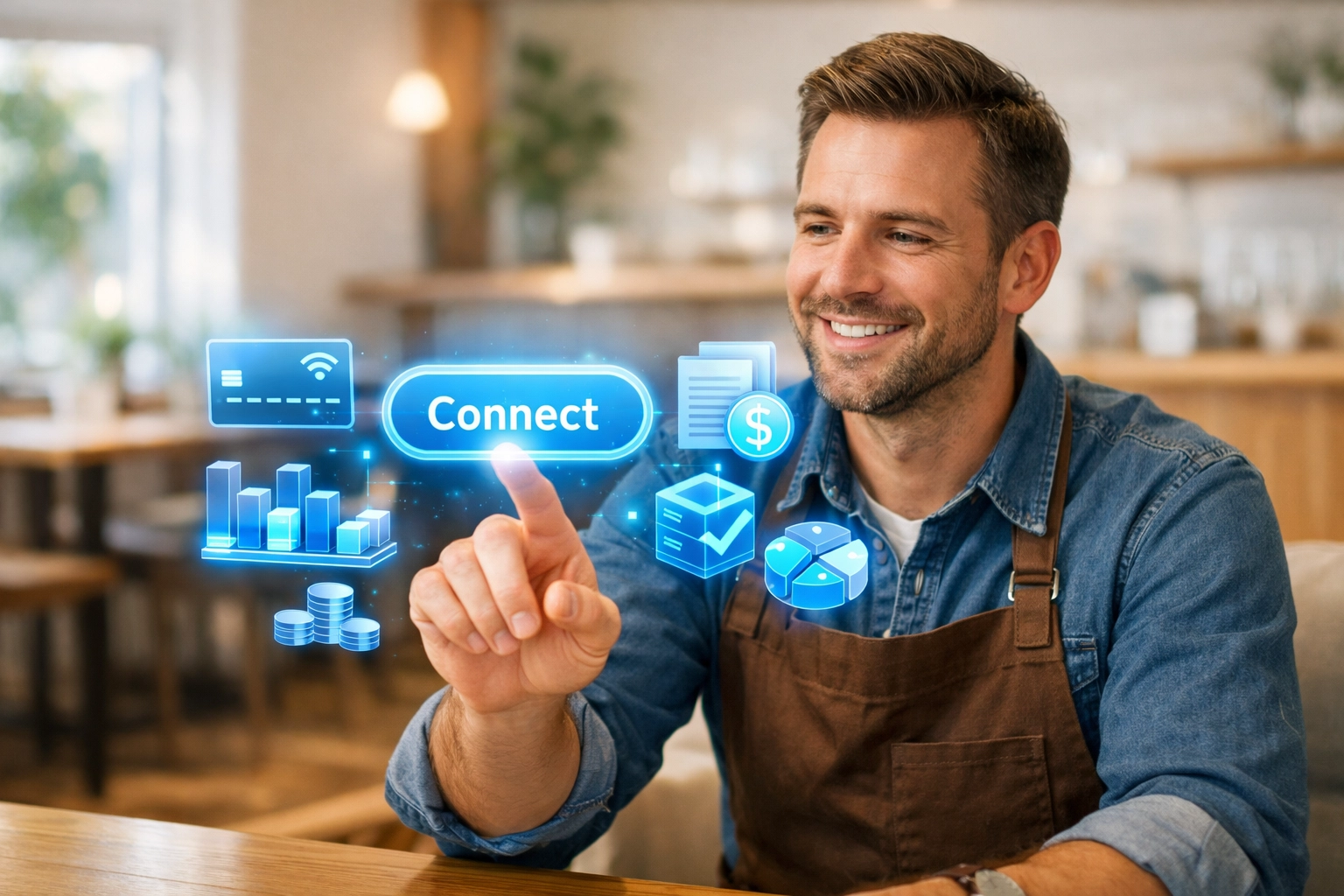 Modern merchant setting up a decentralized crypto payment gateway with ease in a professional setting.