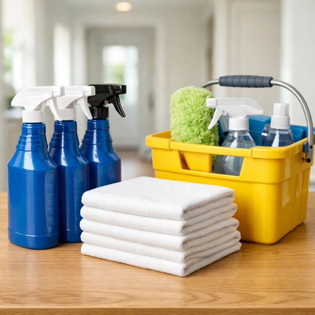 Professional house cleaning supplies and organization kit used by The Cleaning Ninjas in Massachusetts homes.