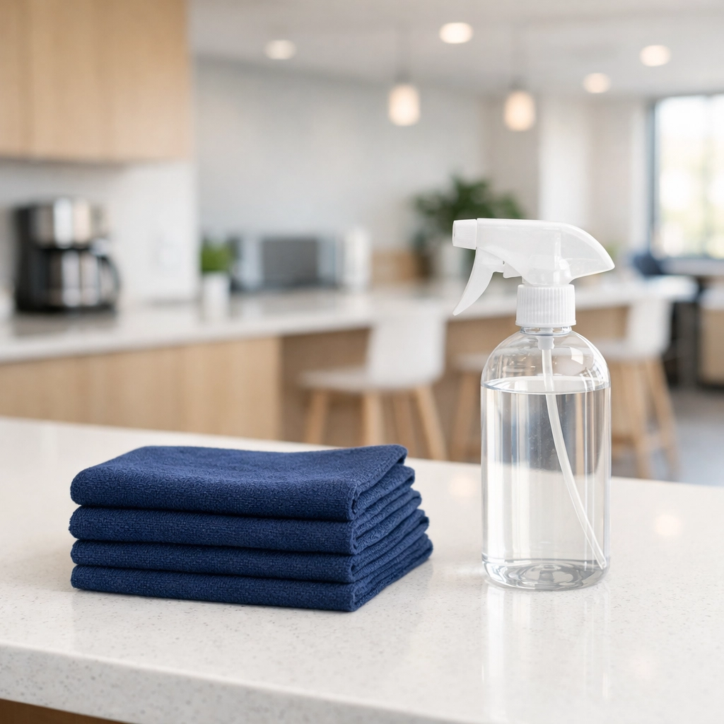 Professional cleaning supplies on a clean countertop in a modern Midwest office kitchen.