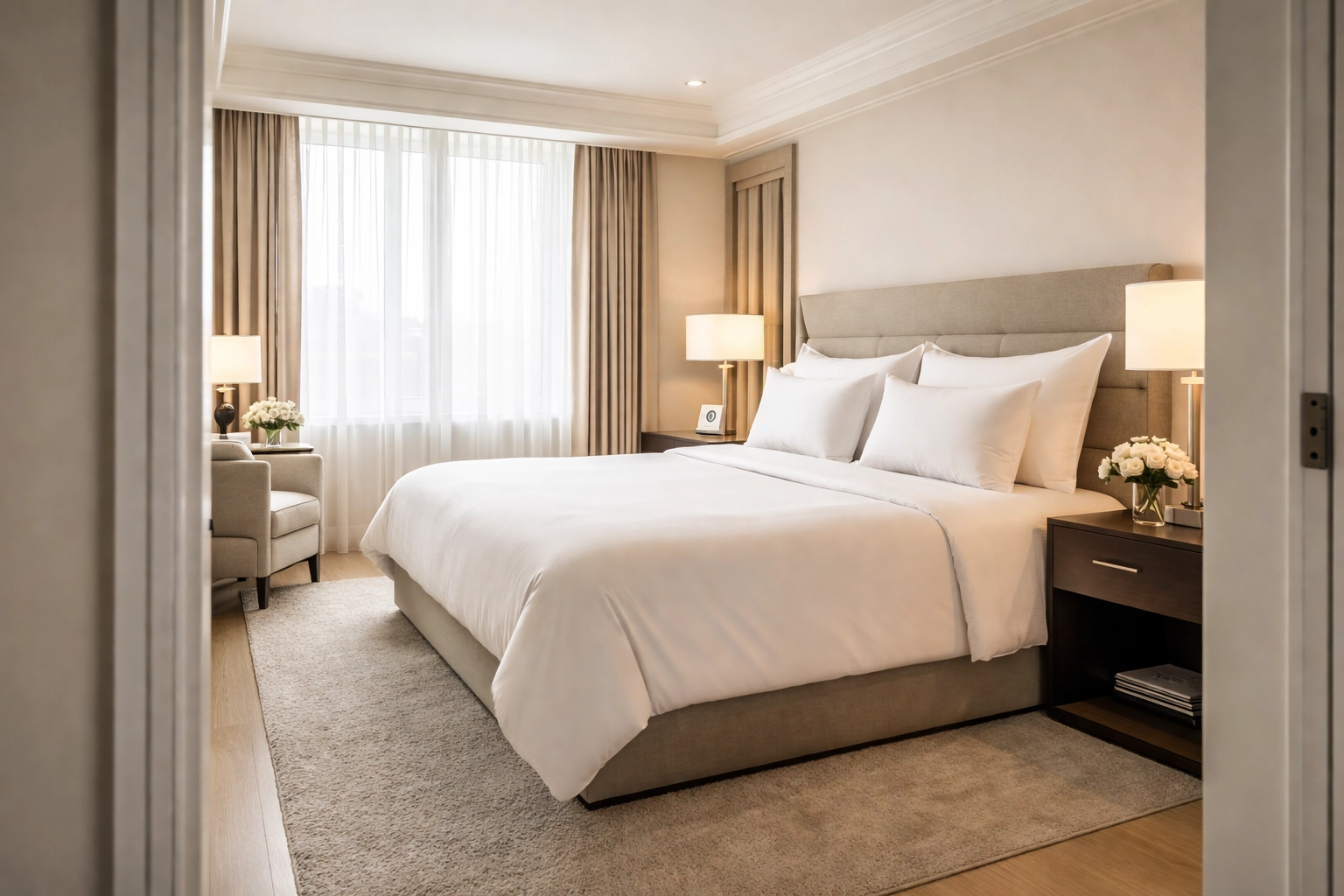 Immaculately cleaned luxury hotel room with fresh linens, demonstrating housekeeping staffing agency excellence.