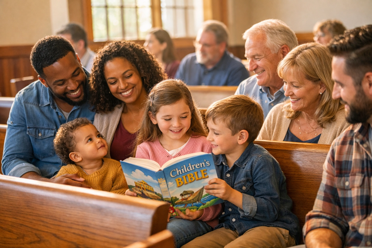 Family with children sitting together during Sunday worship service at family-friendly church