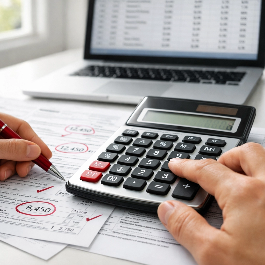 Hands using calculator to check tax form calculations and correct math errors