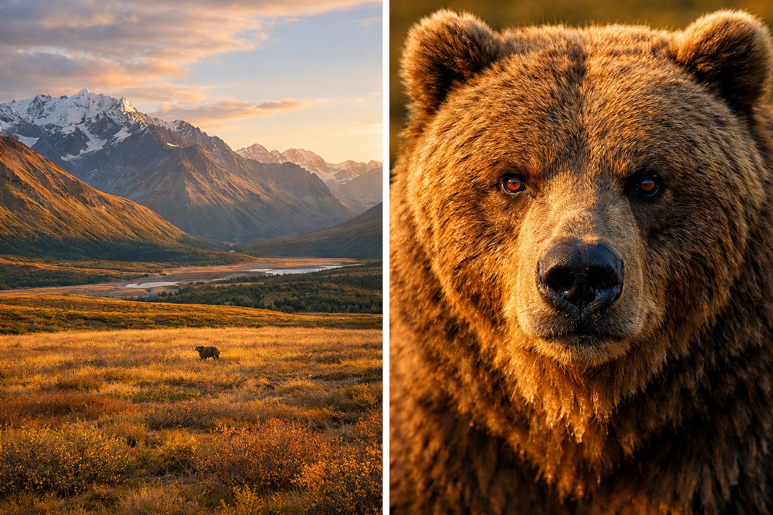 Before and after comparison: distant bear vs close-up wildlife portrait showing framing impact