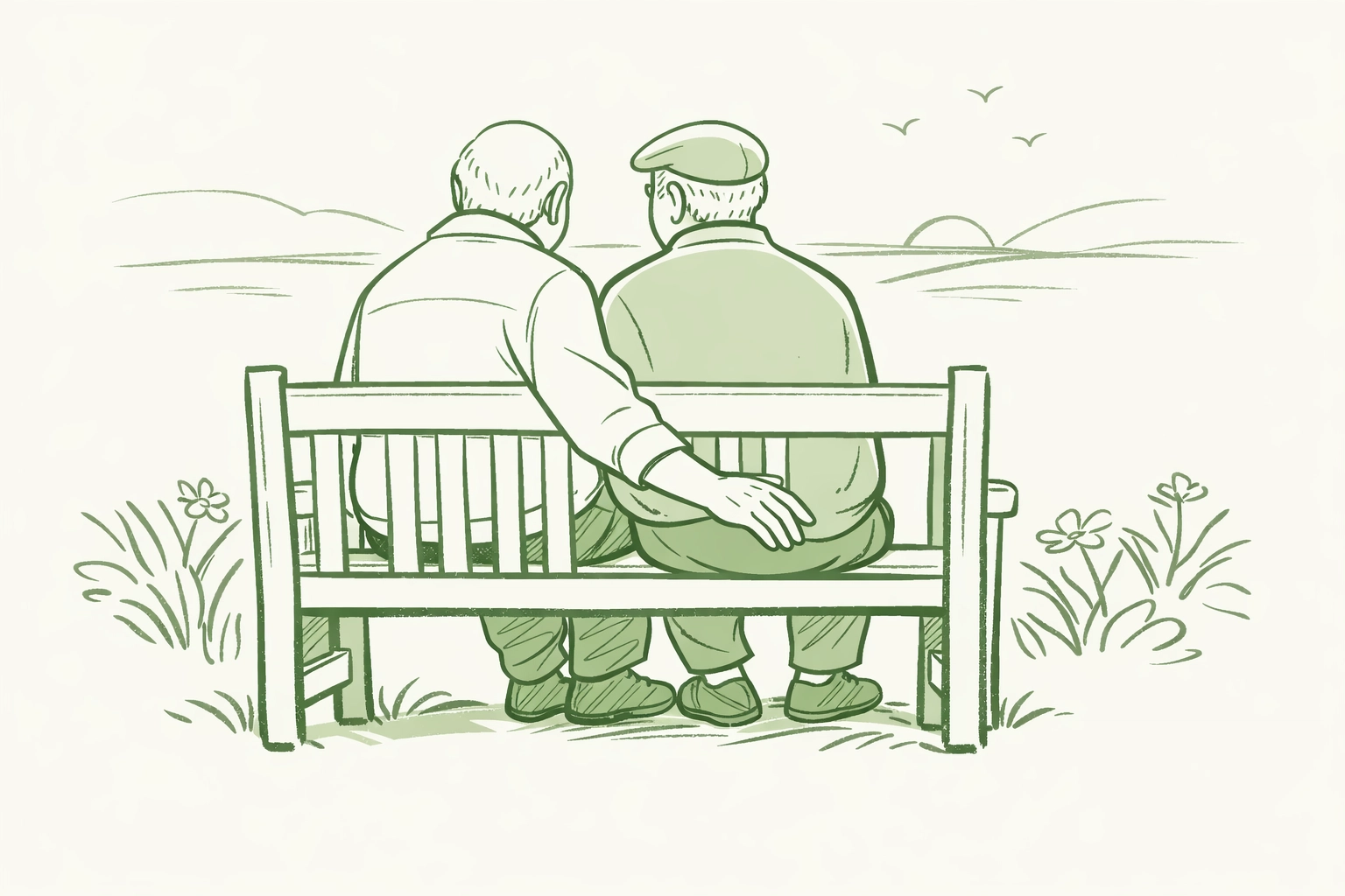 Elderly gay couple sitting on a bench, illustrating a heartfelt late-in-life coming out journey.