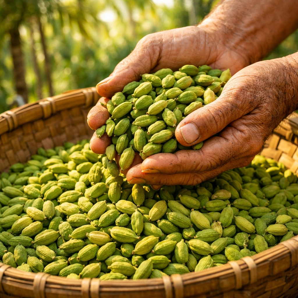 Freshly harvested green cardamom pods in a traditional bamboo basket in a Kerala spice garden.