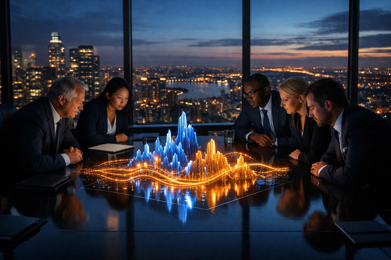 Strategic leaders analyzing business data metrics to measure digital transformation ROI and performance.