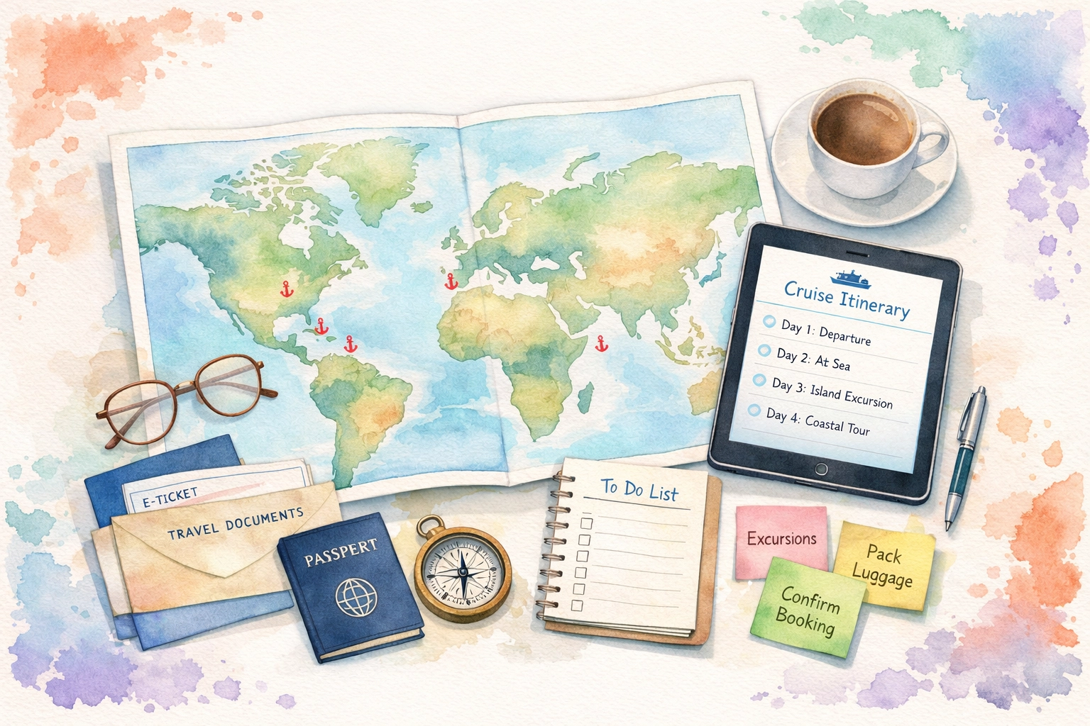 Organized cruise travel planning materials and world map