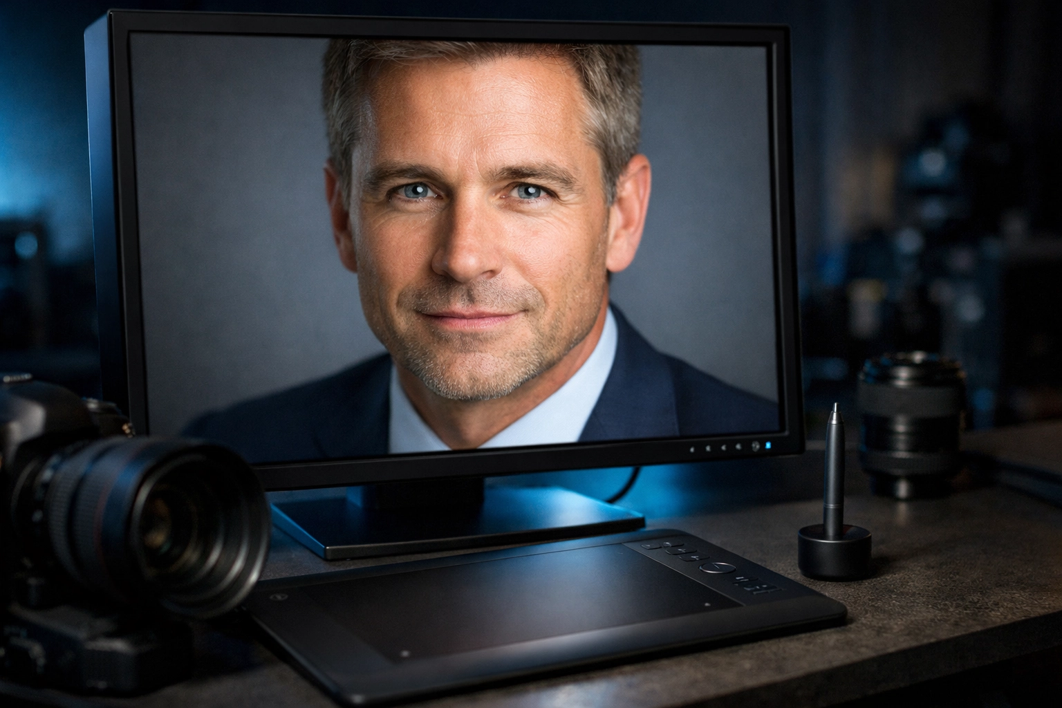 Detailed close-up of a professional corporate headshot being edited on a high-resolution computer screen with a stylus.