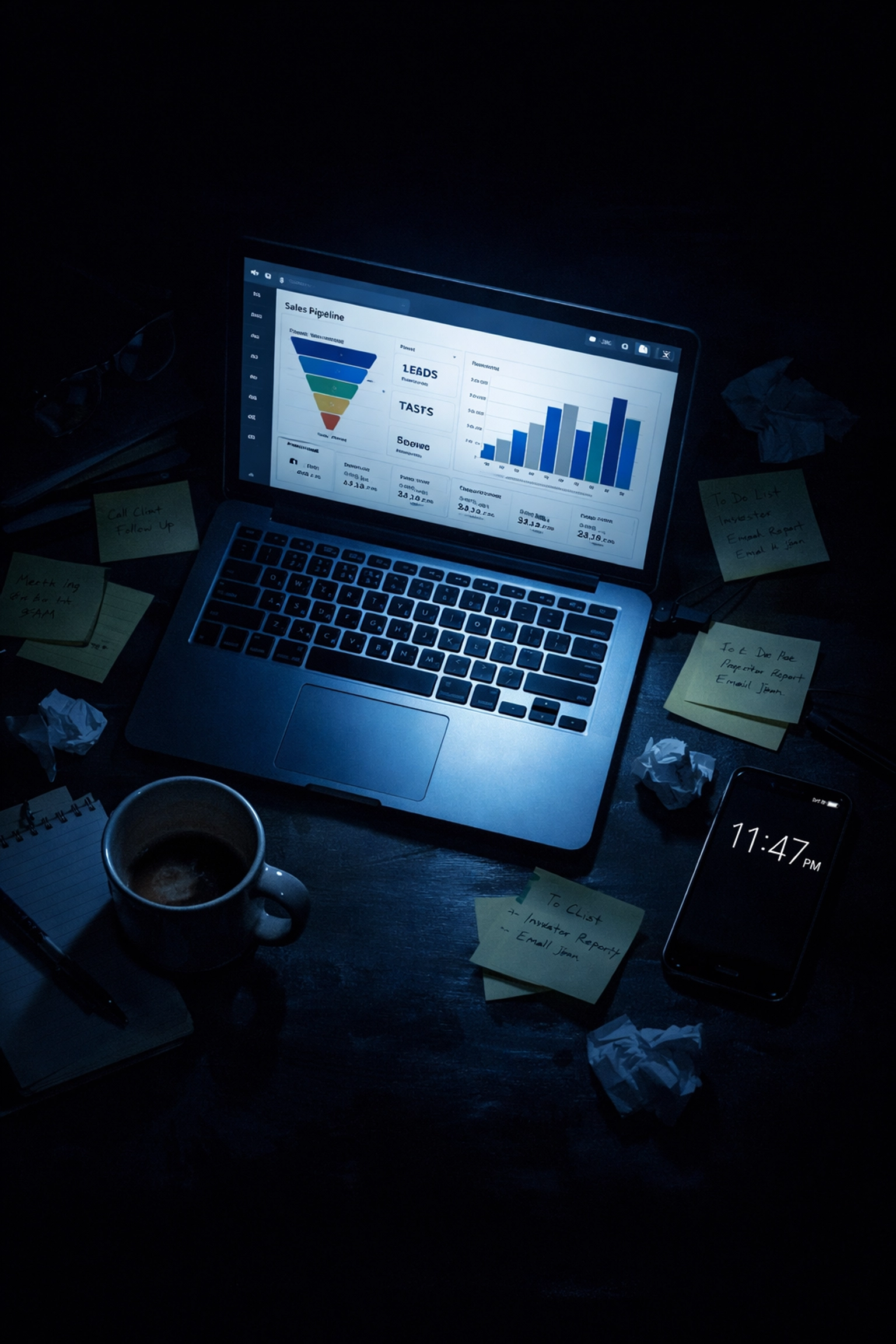 Founder working late managing remote SDR with laptop showing CRM dashboard at 11 PM