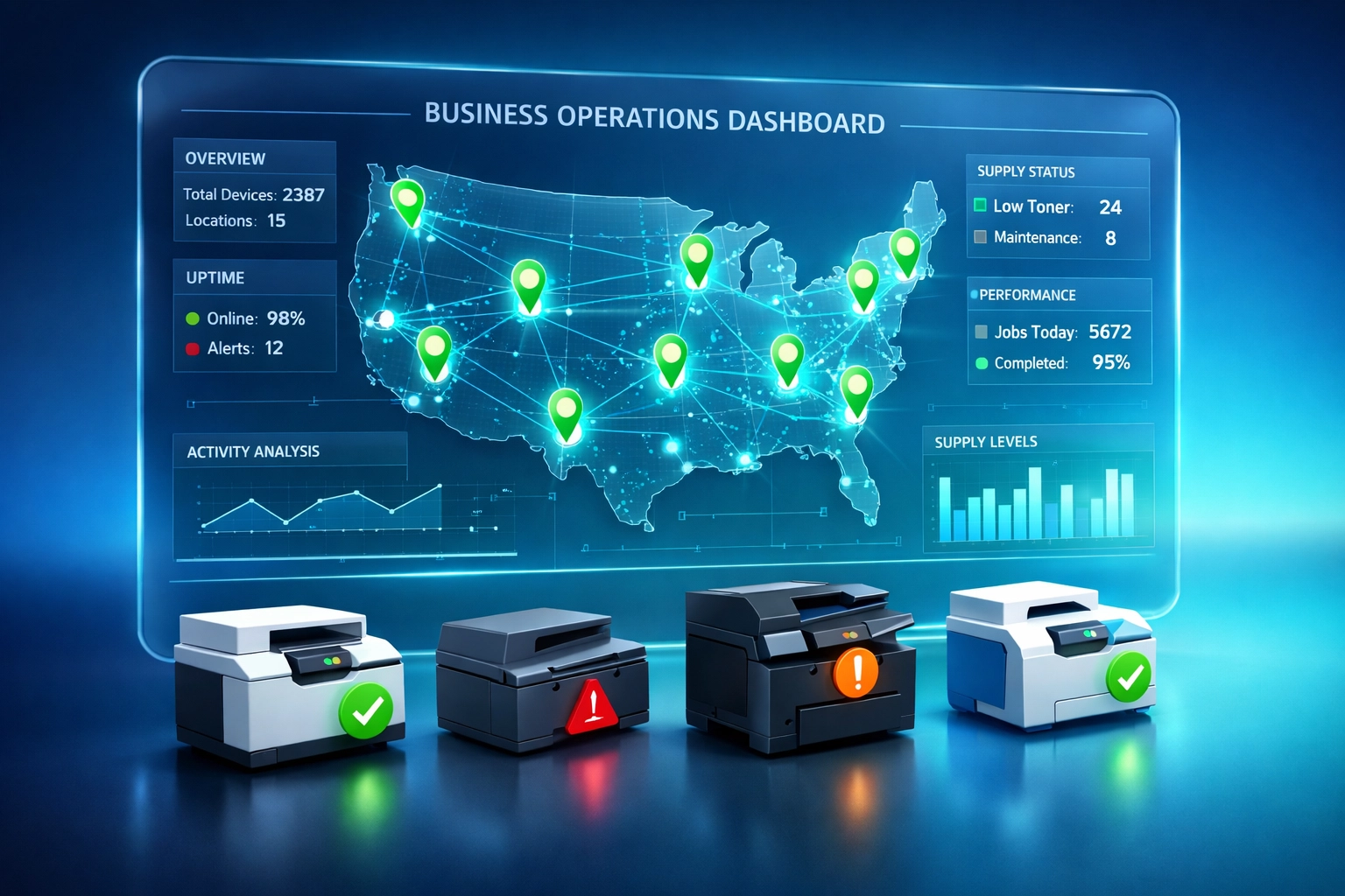 Nationwide printer support coverage map showing multi-location service network across United States