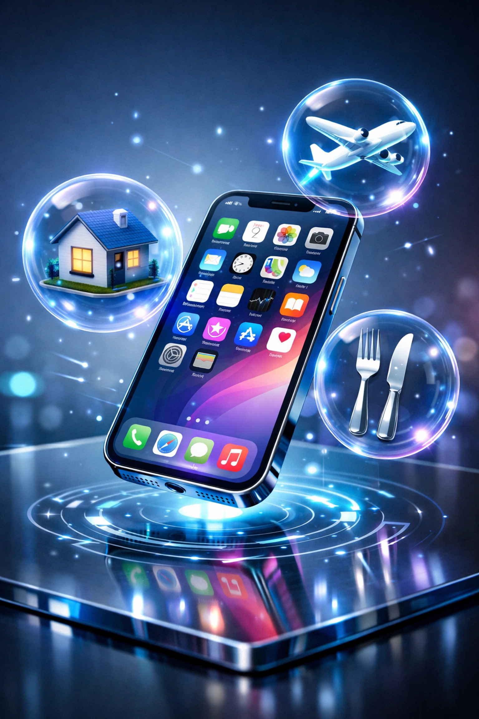 Modern budgeting app on a smartphone with icons for travel, housing, and food expenses.