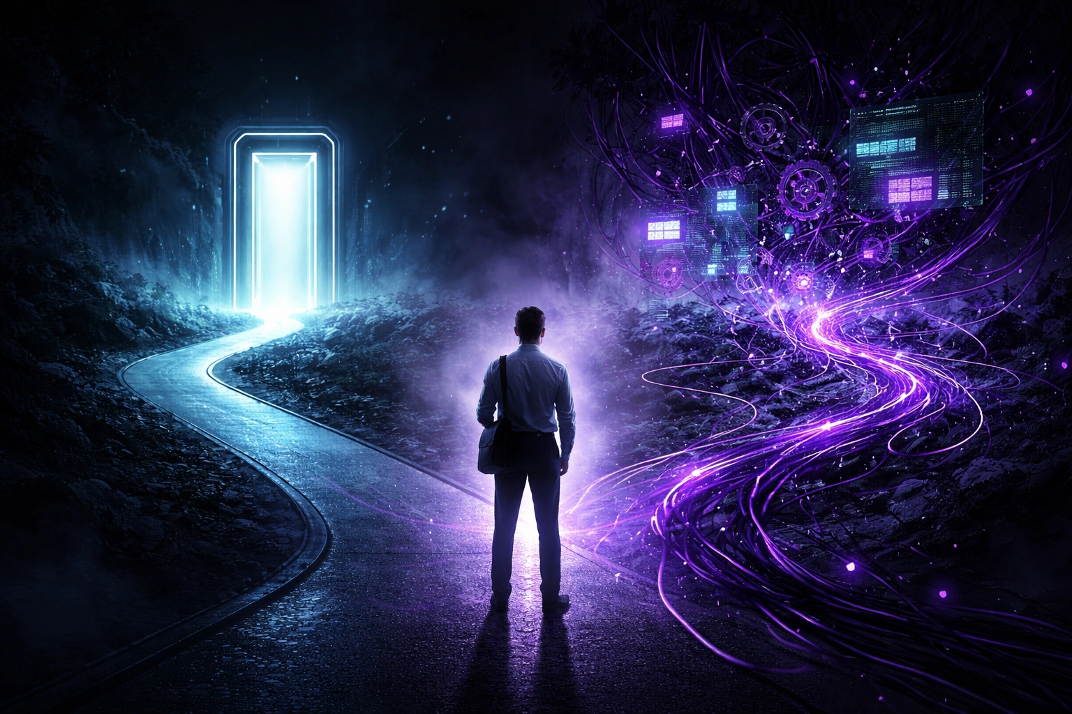 Business owner at a crossroads choosing between website struggles and an easy automated web solution, highlighting DIY challenges.