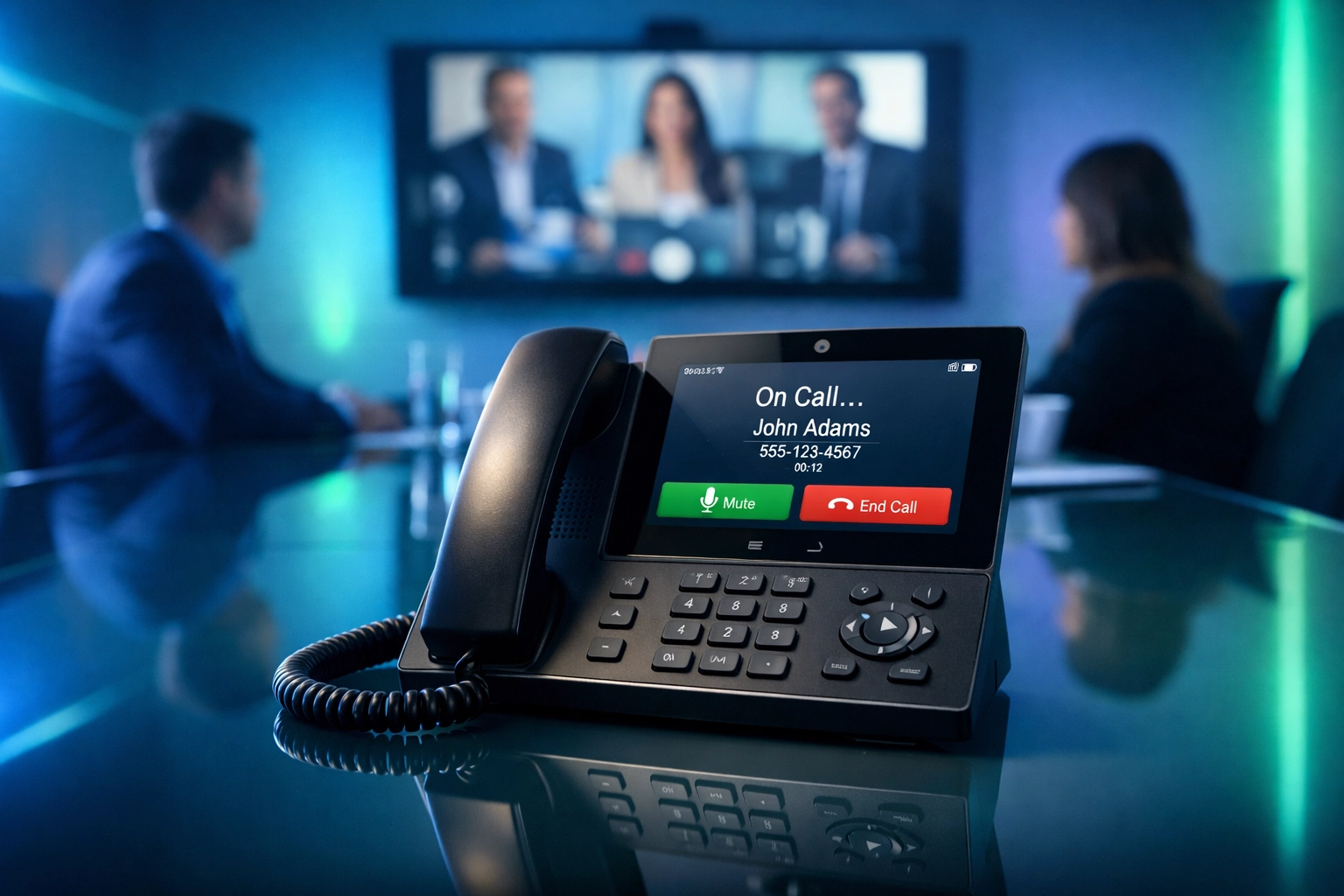 Modern VoIP desk phone in business conference room with video conferencing display