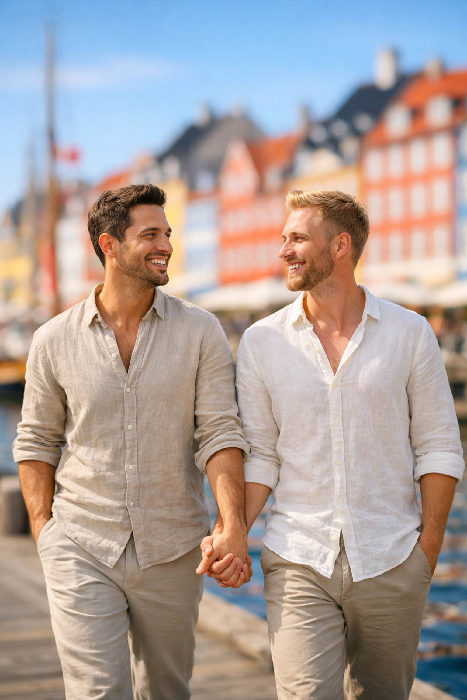 A gay couple walks hand-in-hand in modern Nyhavn, showing the legacy of Denmark's early LGBTQ+ progress.