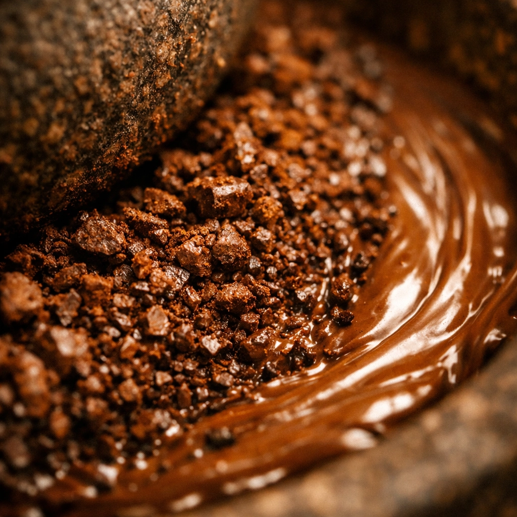 Chocolate particles at different refinement stages in a stone grinder showing texture variations