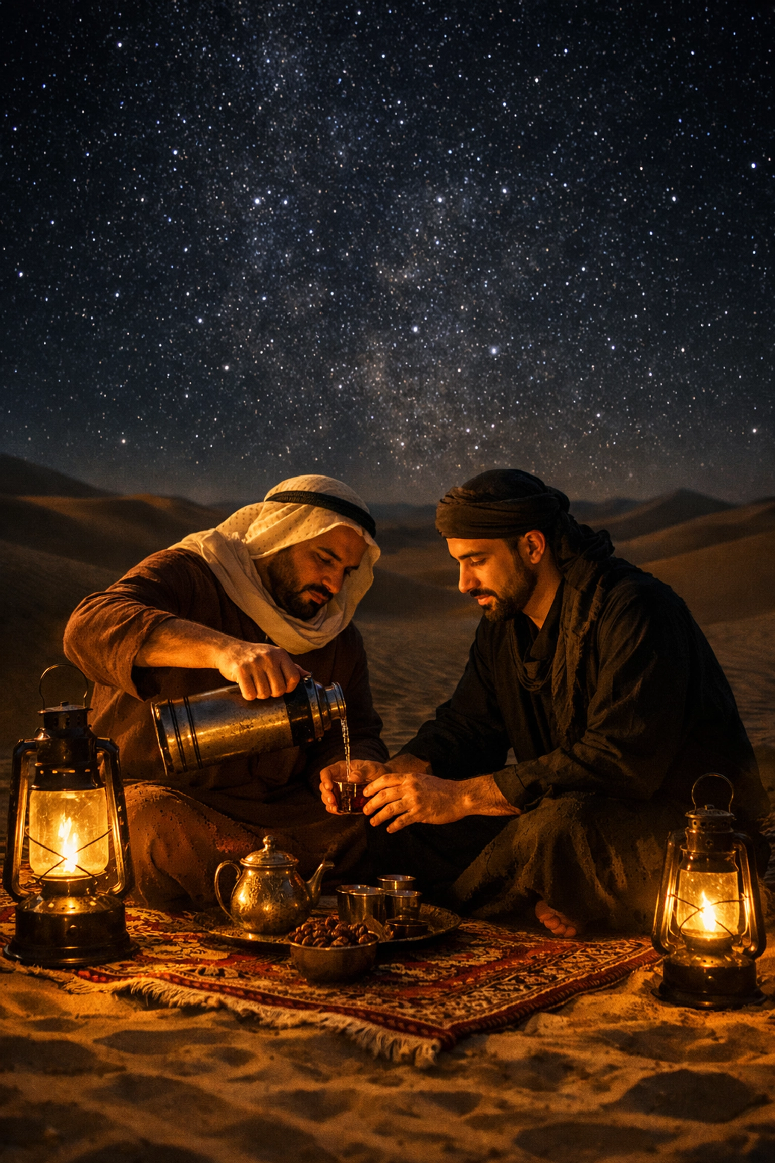 Two men sharing tea on a blanket in desert dunes under starlit sky - MM romance