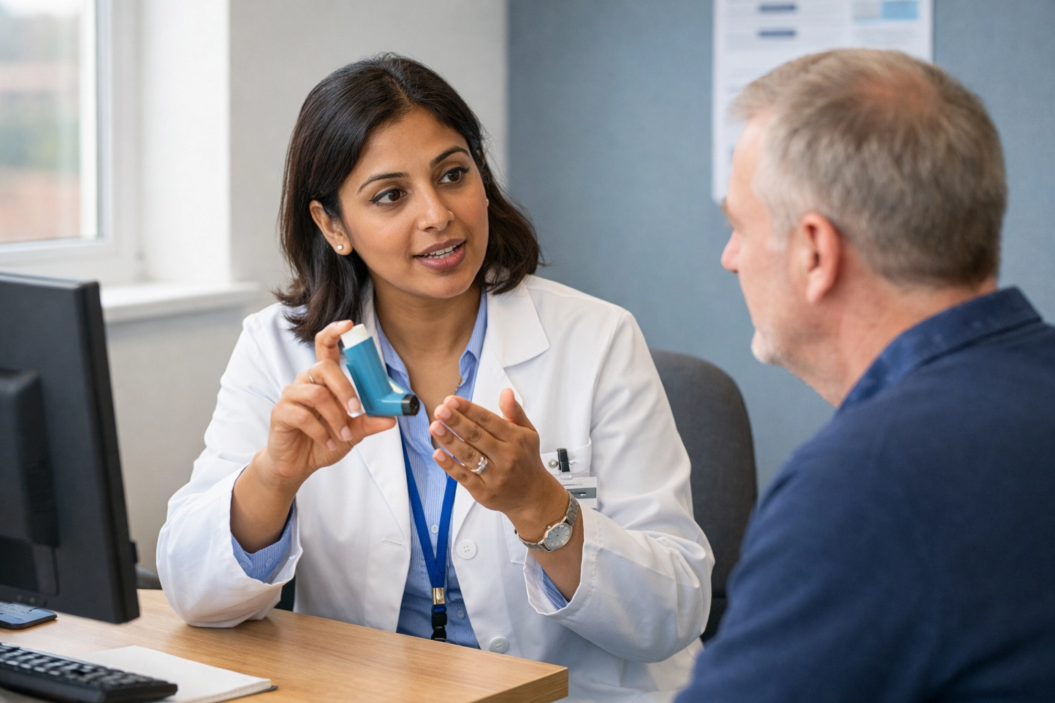 Pharmacist demonstrating correct inhaler technique to COPD patient in consultation room